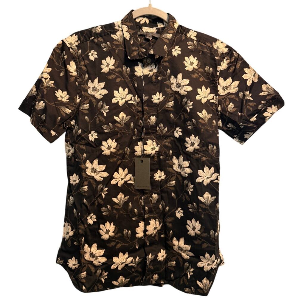 John Varvatos Button Down Shirt Small Black Floral Cotton Tailored NWT Loren